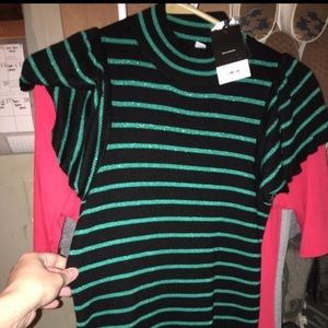 Black and Green striped flutter sleeve sweater